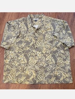 Tommy Bahama Silk Hawaiian Shirt XXL Olive Green Yellow Pineapple Floral Camp